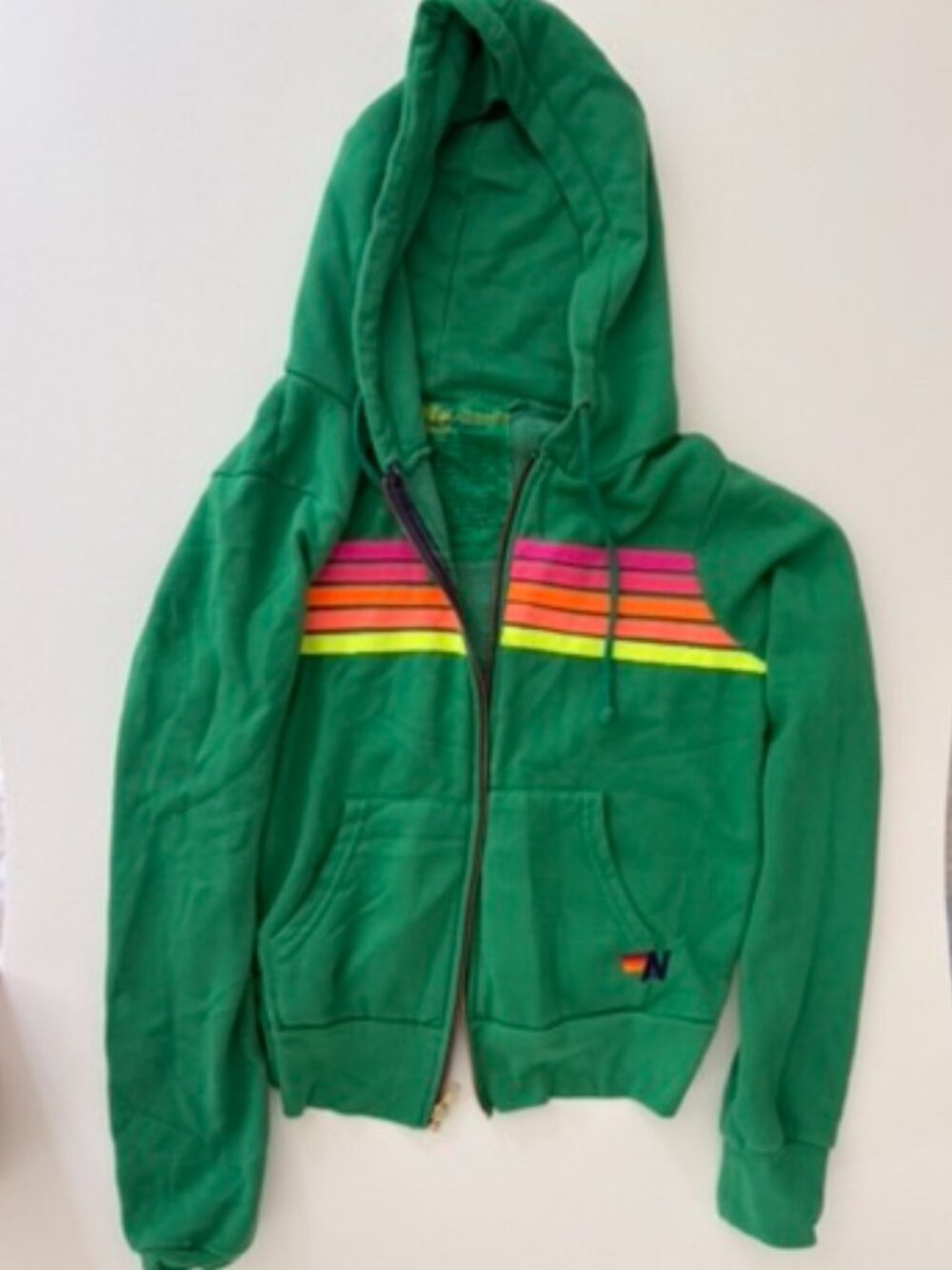 Aviator Nation 5 Stripe Green Neon Rainbow Zip Hoodie XS